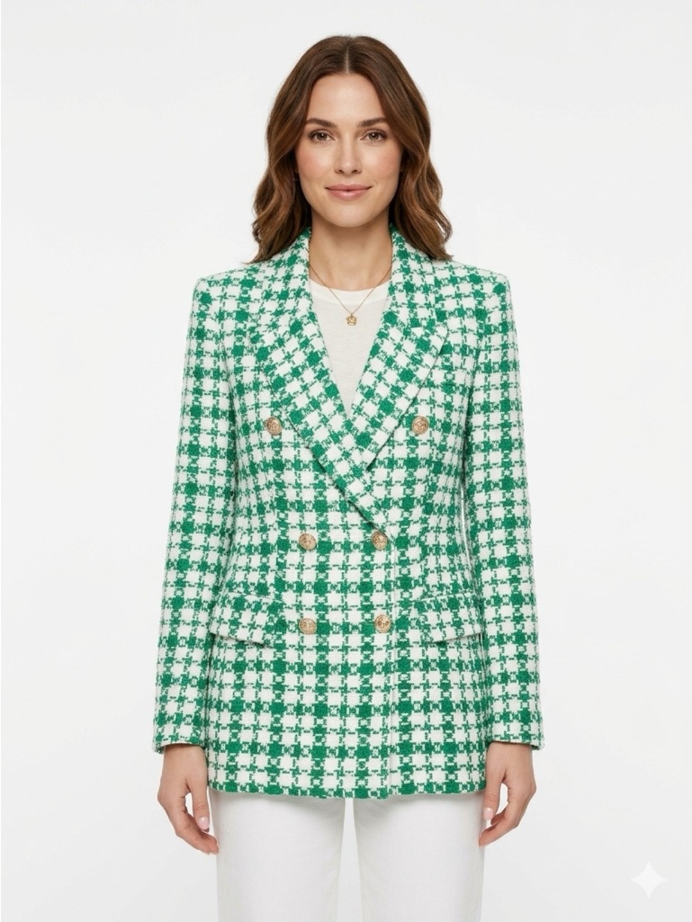 Zara Green & White Checked Double-Breasted Blazer